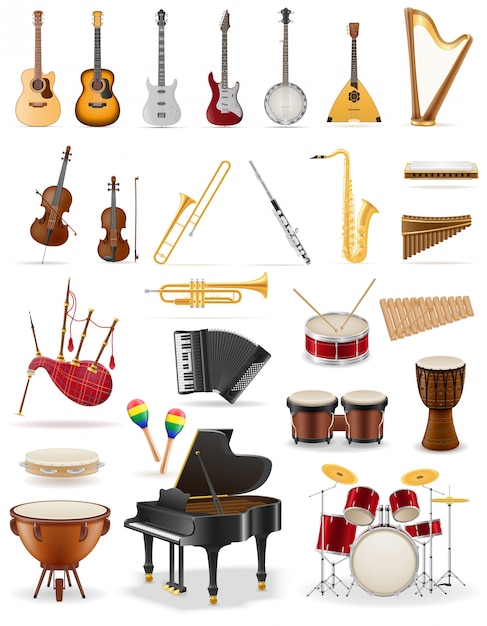 Musical instruments set icons stock.