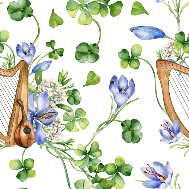 Musical instruments and spring flowers watercolor seamless pattern isolated on white Painted green clover with harp and mandoline Irish symbol hand drawn Design for StPatricks day background