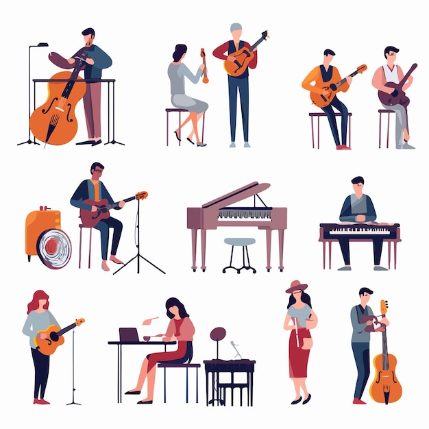 Musical Instruments Vector Illustration of People Playing Various Instruments