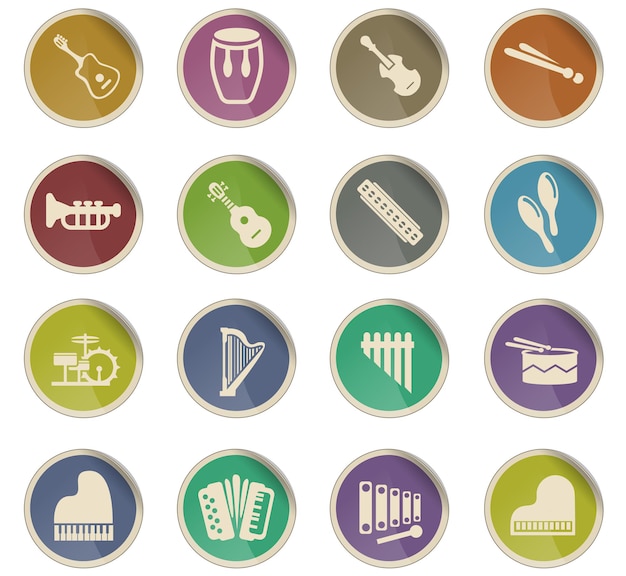 Musical instruments web icons in the form of round paper labels