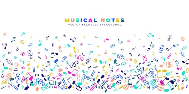 Musical notes vector seamless background Horizontal template with copy spacy and colorful handdrawn musical elements border pattern