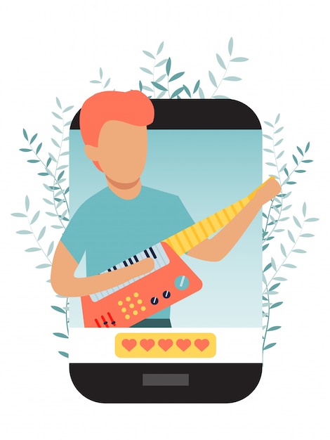 Vector musician blogger character in big phone playing on guitar musical streaming, blogging app.