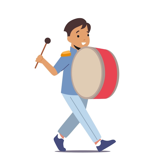 Musician Boy Character Walking With March Playing Drum Isolated On White Background Military Orchestra Play Instrument