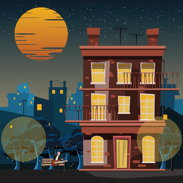 musician at building in night vector illustration 