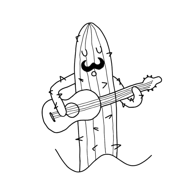 Musician cactus cartoon characters with mustache acoustic guitar doodle style vector illustration art