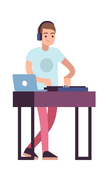 Musician. DJ female character in headphones play electronic dancing music, disco musical show entertainment in night club or party and woman art hobby concept flat vector cartoon isolated illustration