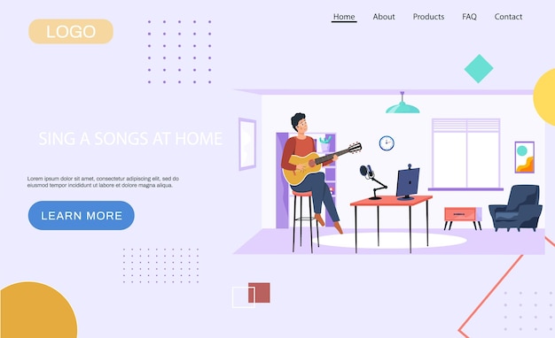 Vector musician is playing guitar at workplace in office landing page template website sing songs at home