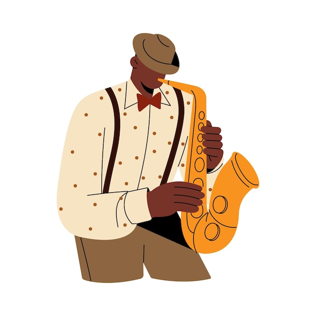 Vector musician trumpet player plays on wind music instrument jazz man in hat performs on saxophone saxophonist blowing in golden sax solo blues performance flat isolated vector illustration on white