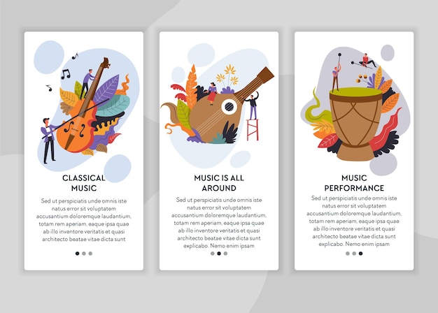 Musicians classical and folk music performance web page templates vector concert violin and lute tom tom drum musical instruments live sound online tickets order musicians Internet site show