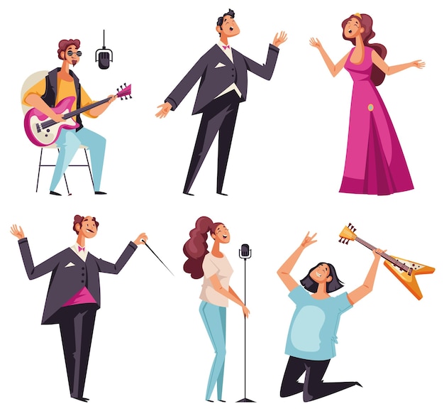 Musicians different style opera rock old school isolated set flat cartoon design element