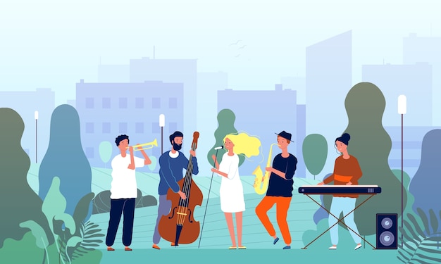 Vector musicians in garden. music band performing show in park singers and musical players trees outdoor  concept characters. musician cartoon artist, musical sax in park illustration