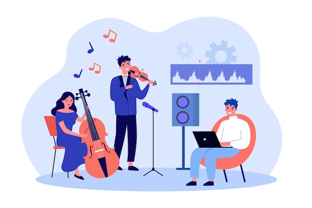 Musicians recording music with professional equipment. People playing violin and cello flat vector illustration. Audio record, production concept for banner, website design or landing web page