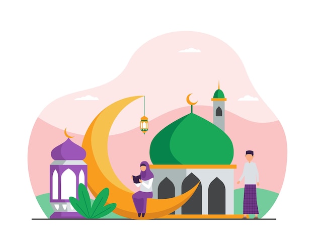 Muslim activity in ramadan month tiny people vector flat illustration concept with mosque and asia arabic culture landscape background