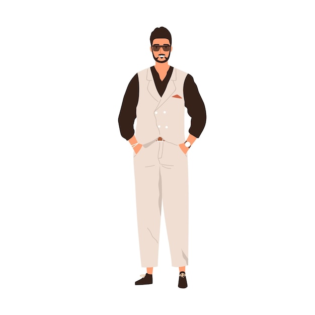 Muslim Arab man in modern outfit and sunglasses. Saudi Arabian person in casual fashion apparel. Happy smiling eastern guy portrait. Flat vector illustration isolated on white background.