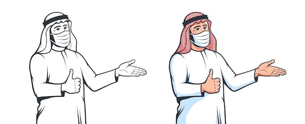 Muslim arabian man in medical mask with welcomes gesture New normal Arabic man in face mask