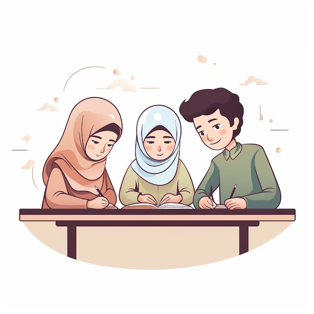 muslim boy and girl are studying and reading book in the class rooom