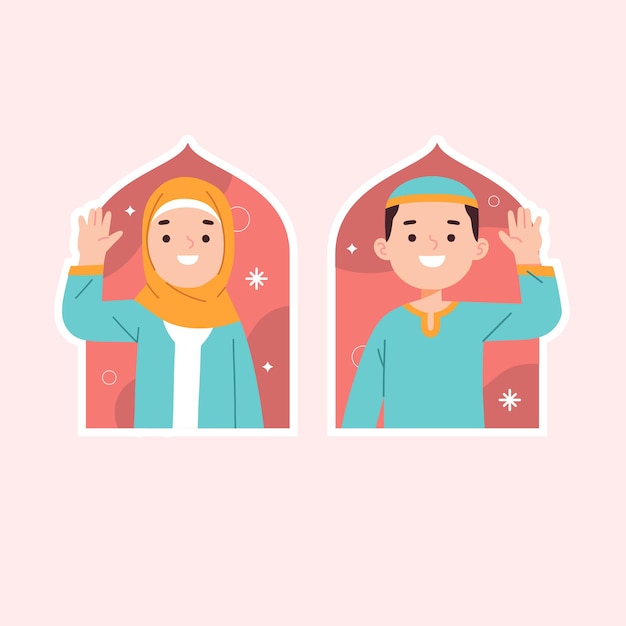 Muslim boy and girl character illustration with Islamic attributes