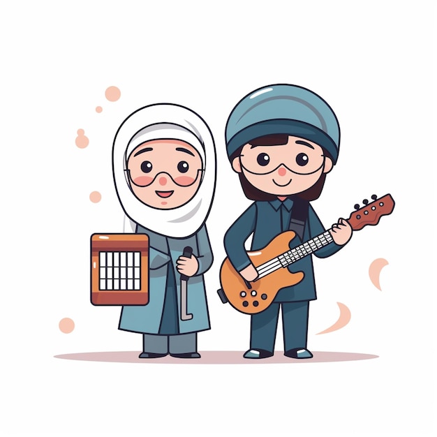 muslim boy and girl with hijab are playing Islamic music together