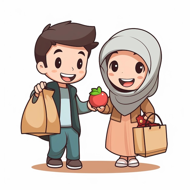 muslim boy and girl with hijab are sharing food