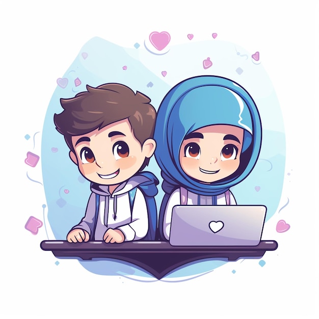 muslim boy and girl with hijab are studying together on the laptop