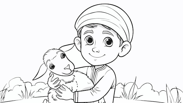 Vector muslim boy holding goat coloring page