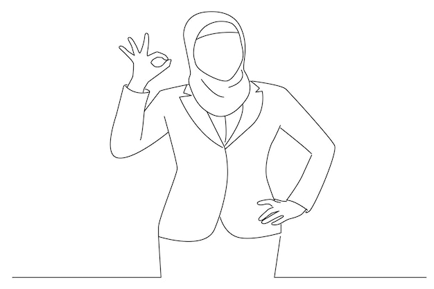 Muslim business woman showing OK hand sign Oneline art drawing style