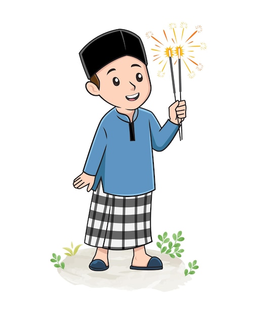 muslim cartoon character playing fireworks