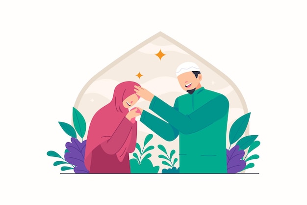 Muslim Celebrate Eid Al Fitr with Shaking Hand Illustration