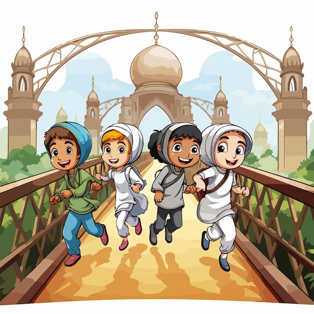 Vector muslim children running across the bridge illustration