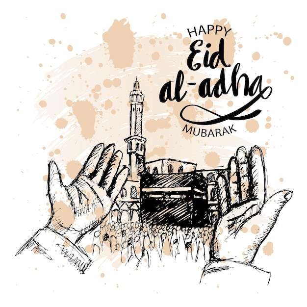 Muslim Community Festival of Sacrifice EidAlAdha celebration with illustration of praying hands