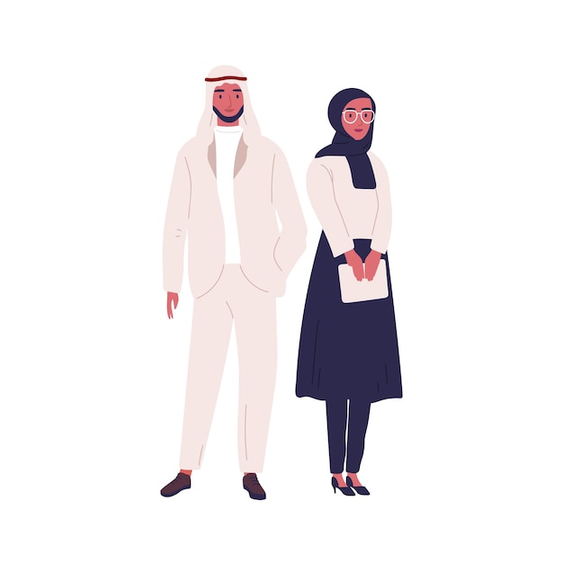 Muslim couple of arabian people wearing traditional modern outfit. Woman in hijab holding tablet. Saudi or uae man in oriental clothes and kufiya. Flat vector cartoon illustration isolated on white.