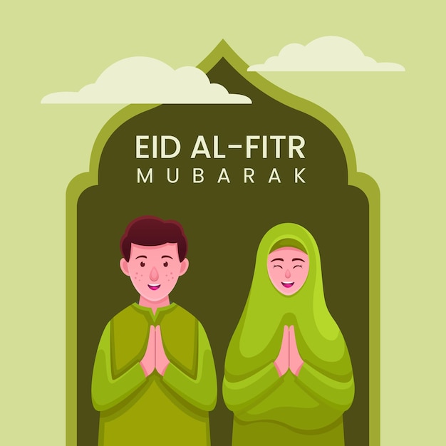 Muslim couple illustration for Eid Mubarak greetings, Happy Eid Al-fitr illustration for banner