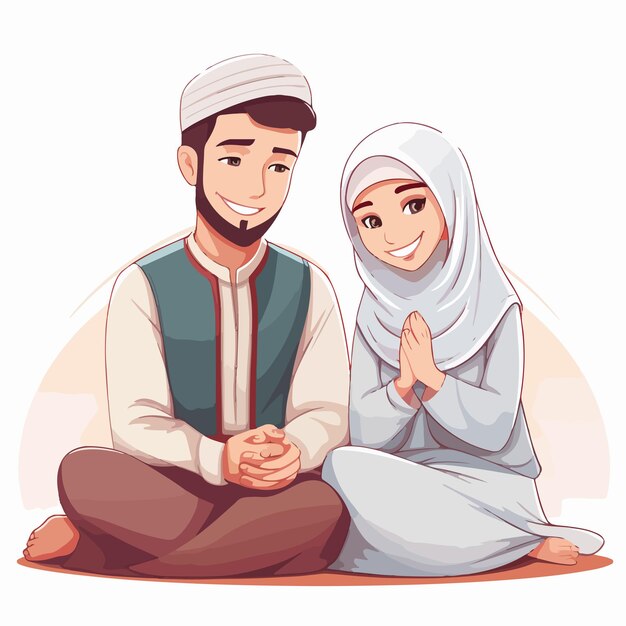 Vector muslim couple praying cartoon character illustration