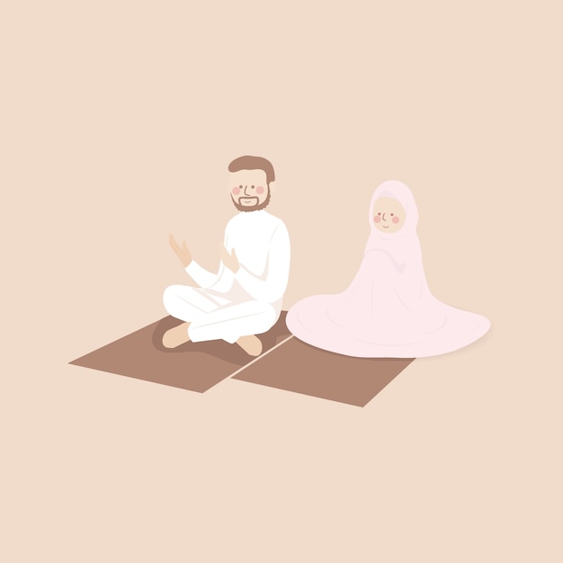 Muslim couple praying together in jamaah in the prayer mat