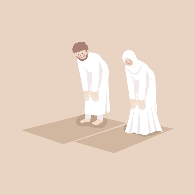 Muslim couple praying together in ruku position in the prayer mat