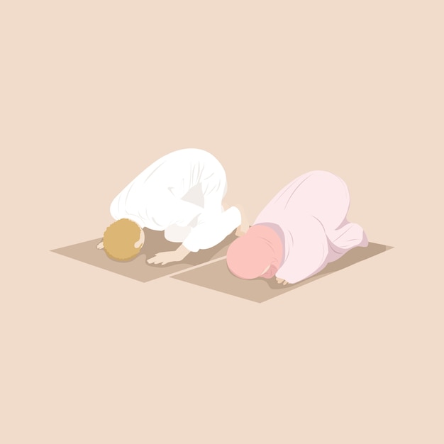 Muslim couple praying together in sujud position in the prayer mat