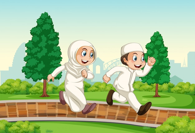 Vector a muslim couple running in the park