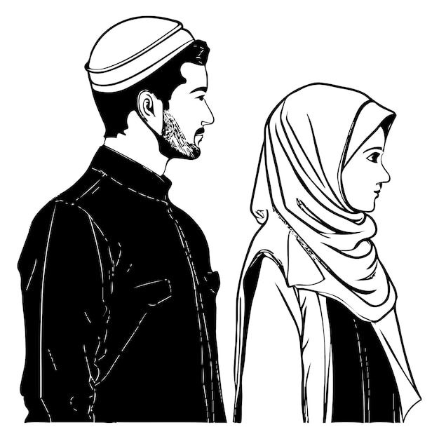 Muslim couple vector Black outline sketch illustration isolated on white background