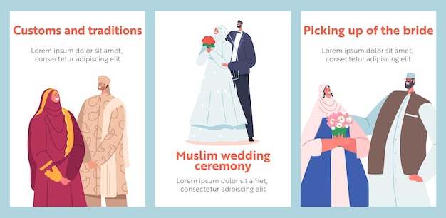 Muslim Couples Wedding Ceremony Banners Traditional Groom and Bride Characters Wear Festive Clothes Islamic Newlywed