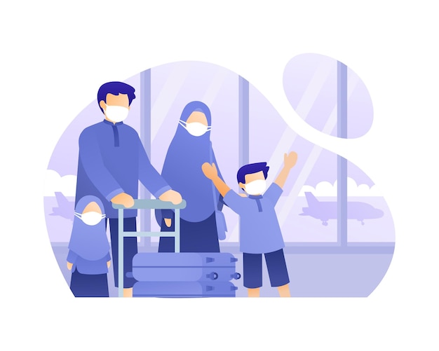 Muslim Families Traveling By Airplane Illustration