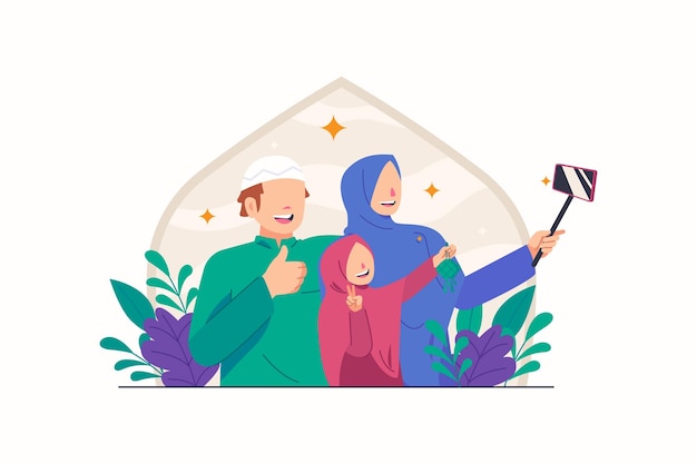 Muslim Family Celebrate Eid Al Fitr Illustration