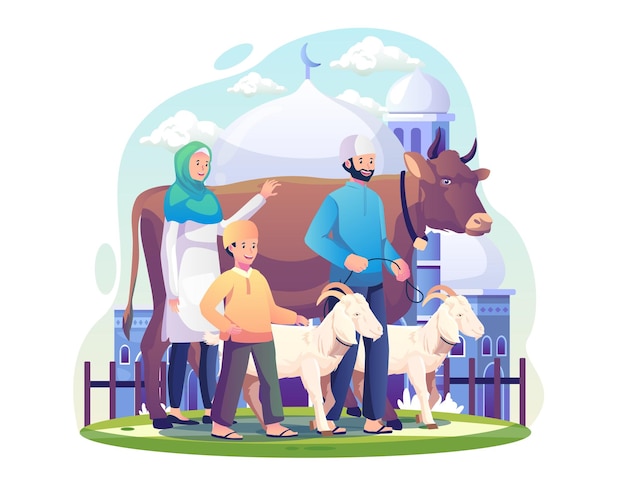 A Muslim family celebrates Eid al Adha with a cow and some goats as sacrificial animals