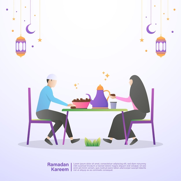 Muslim family eat iftar of Ramadan together. Illustration concept of ramadan kareem