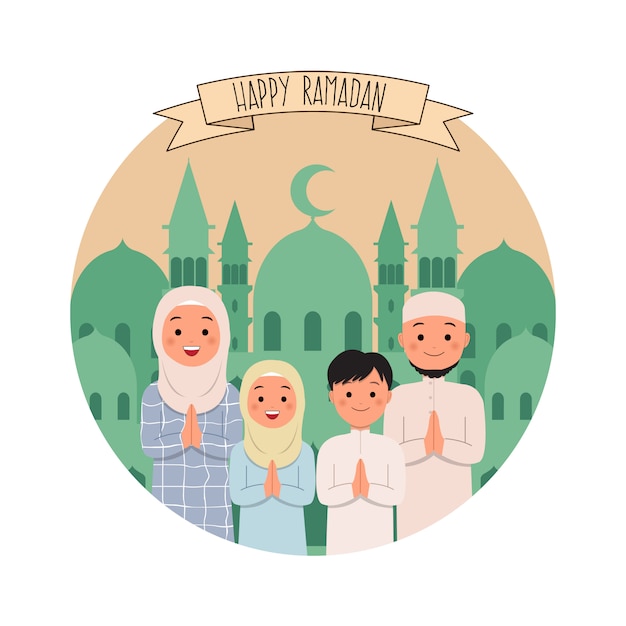 Muslim family happy ramadan greeting. flat style vector