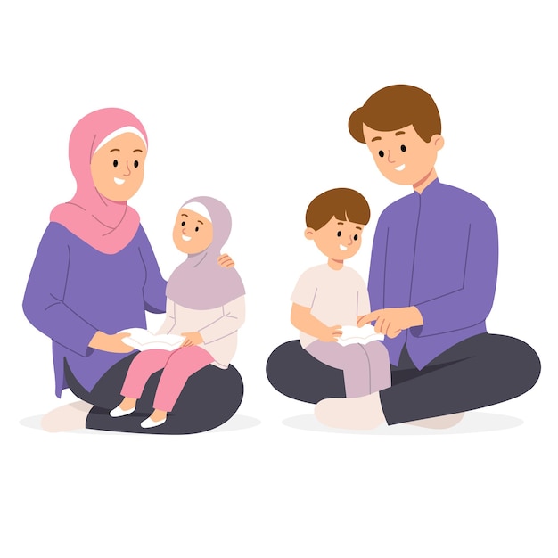 Muslim family of mother and father wear hijab teaching children reading holy book quran storytelling in house illustration