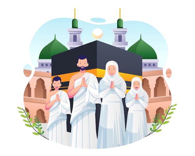 A Muslim family performing Hajj or Umrah Pilgrimage with Kaaba in Makkah Background illustration