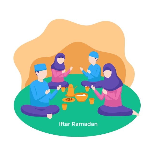 Muslim family praying together during ifta break fasting flat illustration Islam ramadan activity