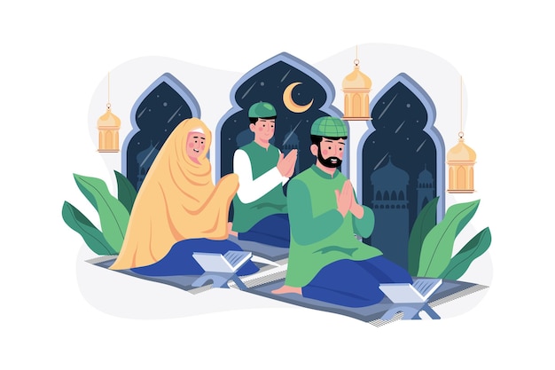 Muslim family reading Quran Illustration concept on white background