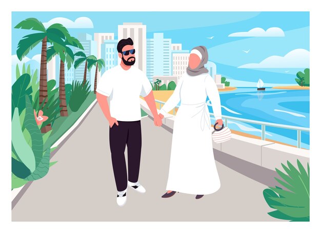 Vector muslim family vacation flat color . man and woman hold hands and walk. husband and wife on holiday. arabian couple 2d cartoon characters with urban beach on background