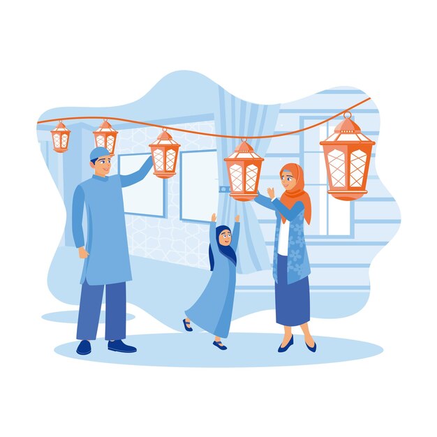 Vector muslim family welcomes the month of ramadan installing lanterns at home ramadan kareem concept flat vector illustration